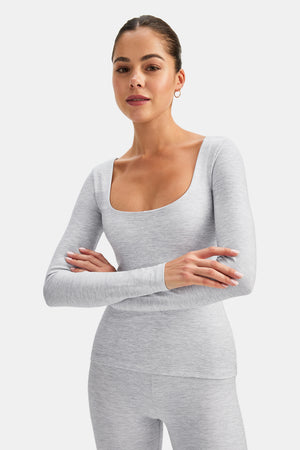 DAYFLEX BUILT-IN SUPPORT SCOOP NECK LONG SLEEVE TOP - GREY MARL