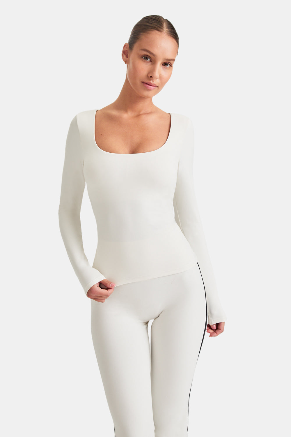 DAYFLEX BUILT-IN SUPPORT SCOOP NECK LONG SLEEVE TOP - IVORY