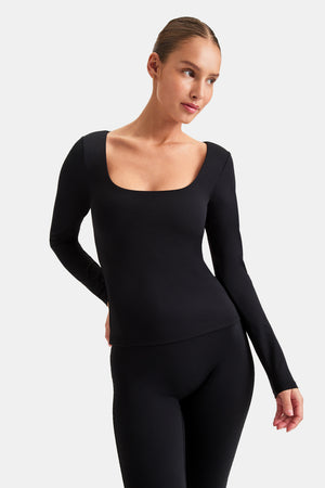 DAYFLEX BUILT-IN SUPPORT SCOOP NECK LONG SLEEVE TOP - SHADOW BLACK