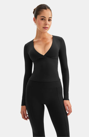 DAYFLEX BUILT-IN SUPPORT V NECK LONG SLEEVE TOP - SHADOW BLACK