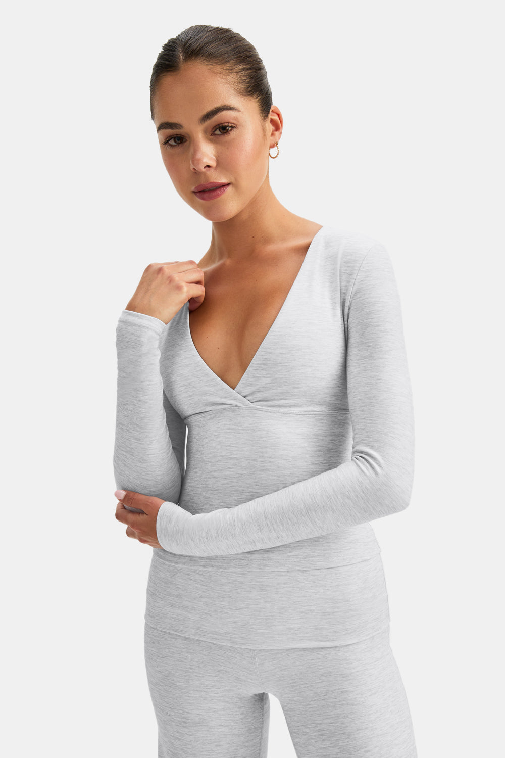 DAYFLEX BUILT-IN SUPPORT V NECK LONG SLEEVE TOP - GREY MARL