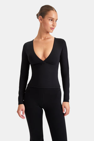 DAYFLEX BUILT-IN SUPPORT V NECK LONG SLEEVE TOP - SHADOW BLACK