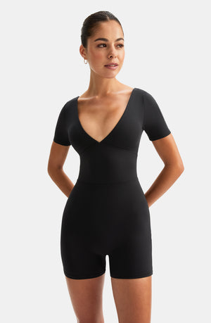 DAYFLEX BUILT-IN SUPPORT PLUNGE NECK TIE BACK UNITARD - SHADOW BLACK