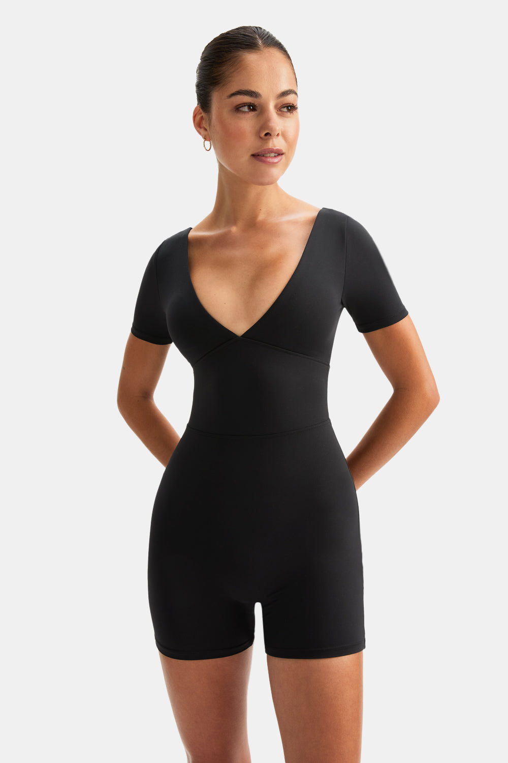 DAYFLEX BUILT-IN SUPPORT PLUNGE NECK TIE BACK UNITARD - SHADOW BLACK