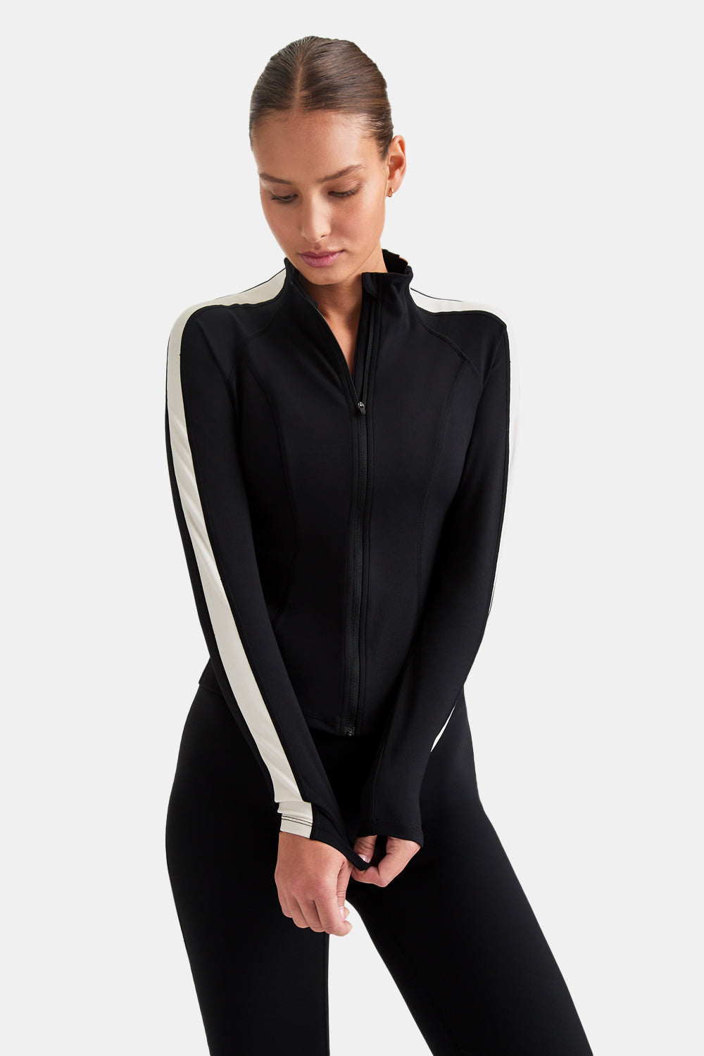 DAYFLEX CONTRAST STRIPE ZIP THROUGH JACKET - SHADOW BLACK AND IVORY