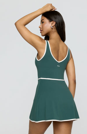 DayFlex Built-In Support V Neck Tennis Dress - Hunter Green And Buttermilk