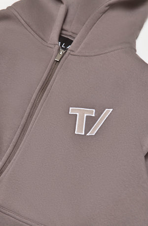 OVERSIZED ZIP THROUGH LOGO HOODIE - PEBBLE