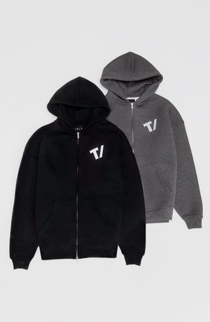 OVERSIZED ZIP THROUGH LOGO HOODIE - BLACK