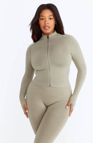 SCULPT SEAMLESS MOCK NECK ZIP THROUGH JACKET-  OLIVE MARL