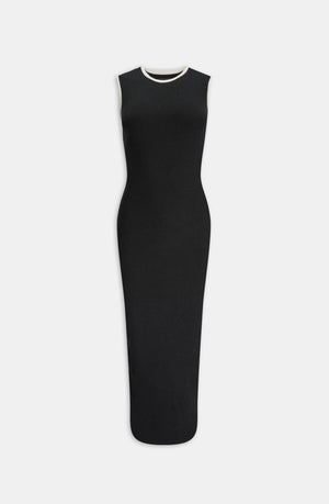 SLEEVELESS CONTRAST RIBBED KNIT MAXI DRESS - BLACK AND BUTTERMILK