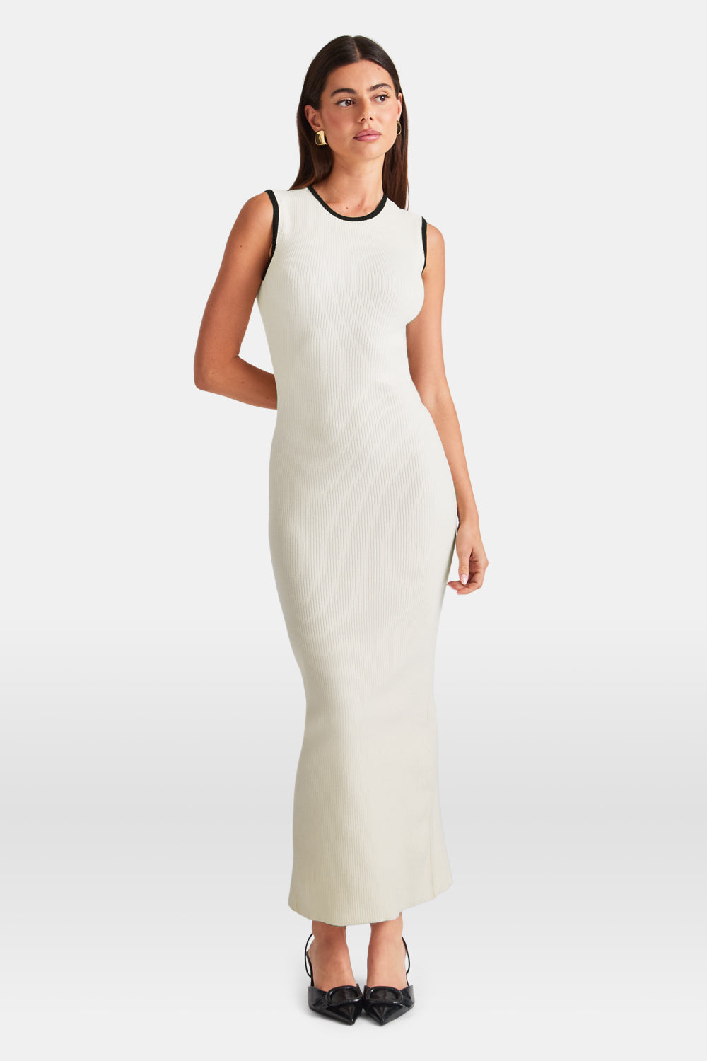 SLEEVELESS CONTRAST RIBBED KNIT MAXI DRESS - BUTTERMILK AND BLACK