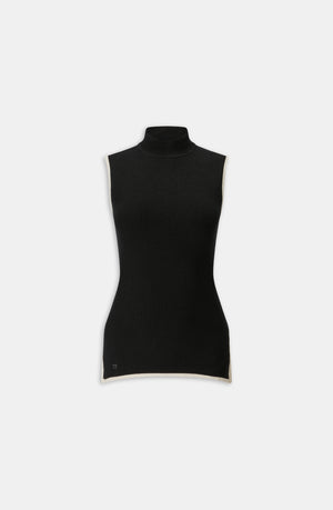 SLEEVELESS MOCK NECK RIBBED KNIT TANK - BLACK AND BUTTERMILK