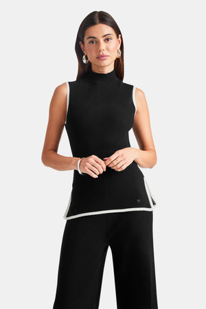 SLEEVELESS MOCK NECK RIBBED KNIT TANK - BLACK AND BUTTERMILK