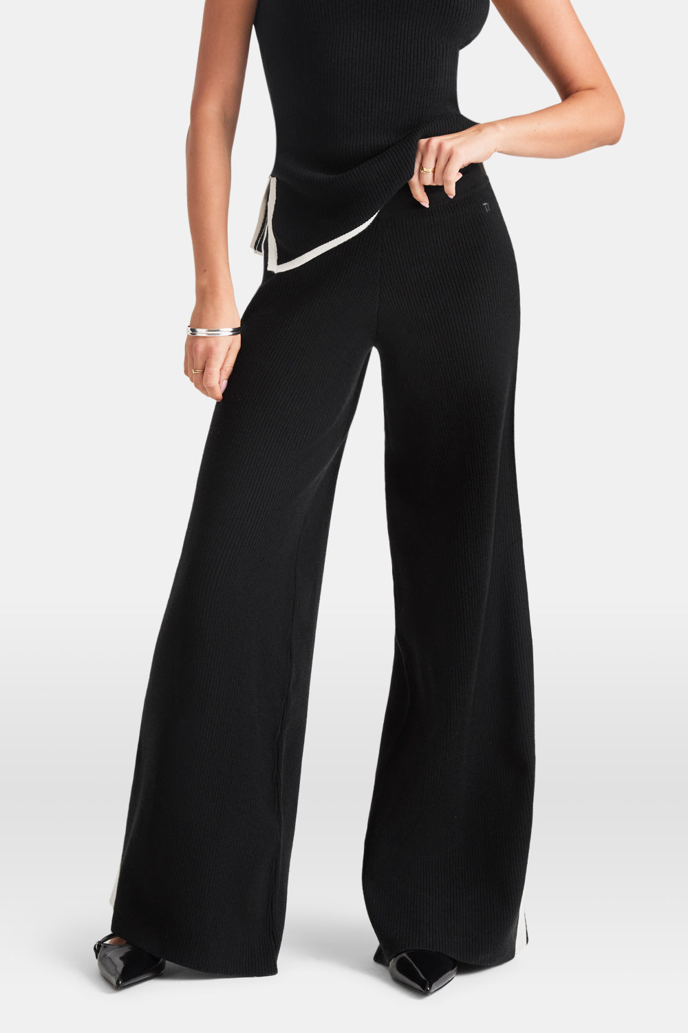 WIDE LEG CONTRAST RIBBED KNIT TROUSERS - BLACK AND BUTTERMILK