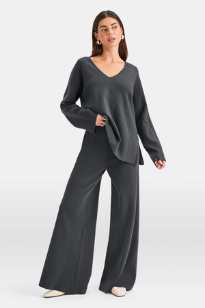 WIDE LEG CONTRAST RIBBED KNIT TROUSERS - CHARCOAL