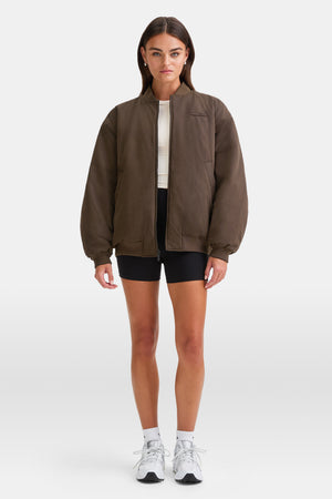 REVERSIBLE OVERSIZED BOMBER JACKET - BLACK AND ESPRESSO