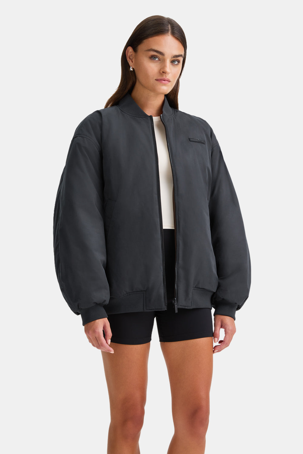 REVERSIBLE OVERSIZED BOMBER JACKET - BLACK AND ESPRESSO