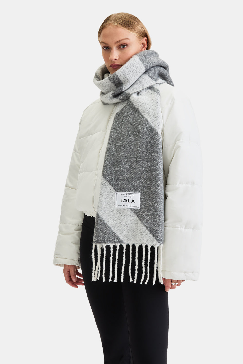 T LOGO BRUSHED SCARF - MID GREY AND LIGHT GREY