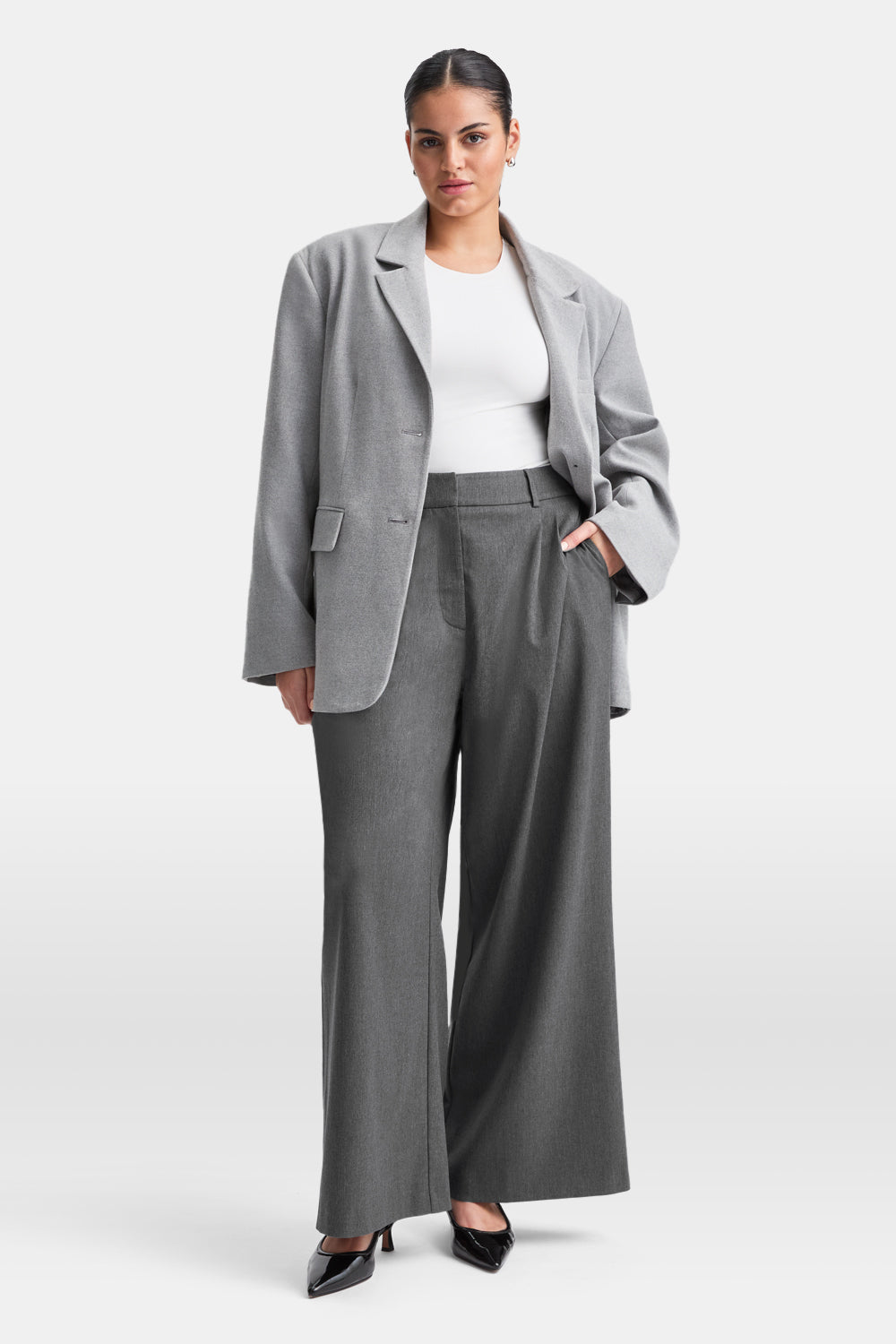 EVERYDAY TAILORING ADJUSTABLE WIDE LEG TROUSERS - CHARCOAL GREY MARL