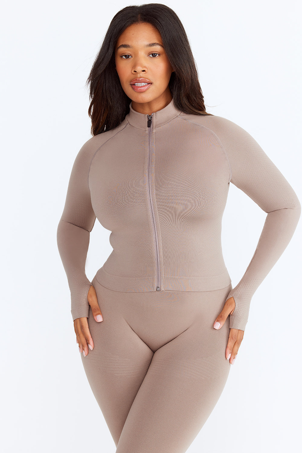 SCULPT SEAMLESS MOCK NECK ZIP THROUGH JACKET-  PEBBLE MARL