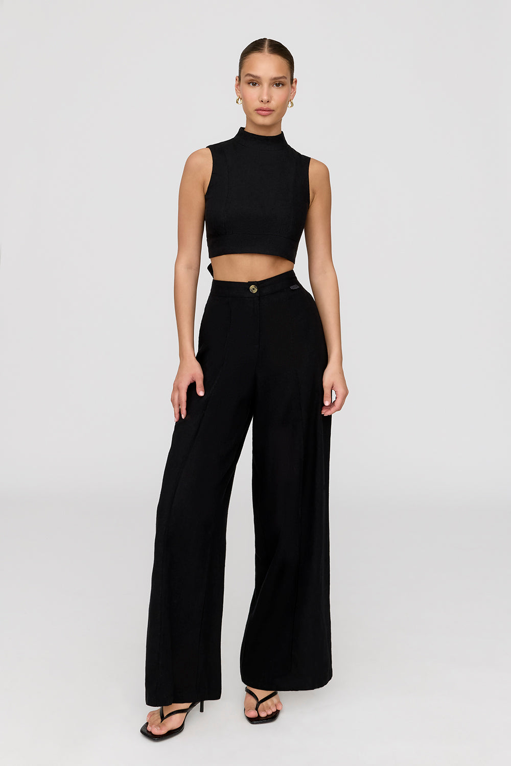 MONACO LINEN BLEND MOCK NECK TIE BACK CROP TOP - SHADOW BLACK