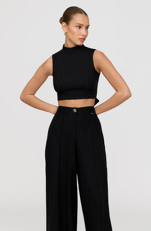 MONACO LINEN BLEND MOCK NECK TIE BACK CROP TOP - SHADOW BLACK