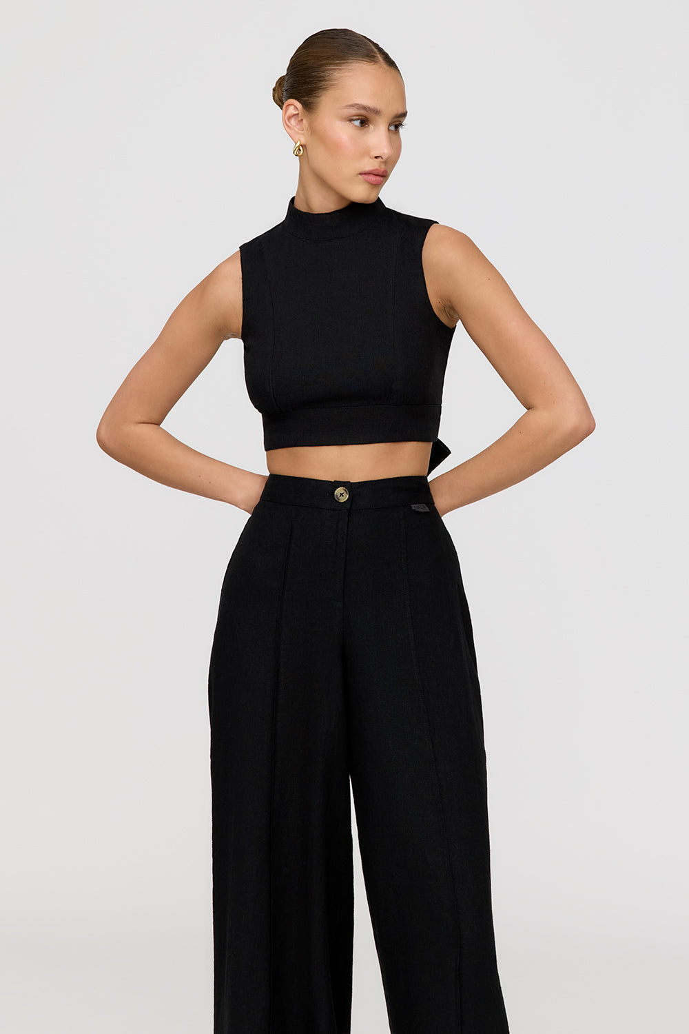 MONACO LINEN BLEND MOCK NECK TIE BACK CROP TOP - SHADOW BLACK