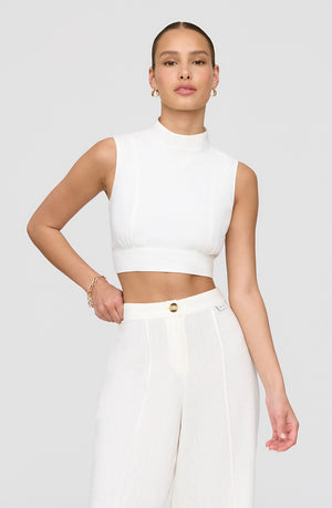 MONACO LINEN BLEND MOCK NECK TIE BACK CROP TOP - COCONUT MILK