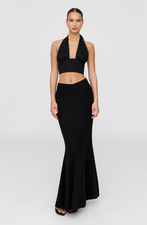 MILOS LINEN BLEND V WAIST MAXI SKIRT - SHADOW BLACK