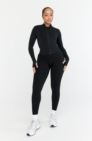 SCULPT SEAMLESS RIBBED ZIP THROUGH JACKET- BLACK MARL