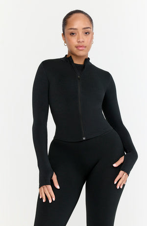 SCULPT SEAMLESS RIBBED ZIP THROUGH JACKET- BLACK MARL