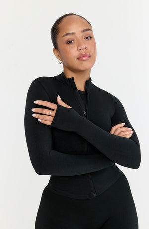 SCULPT SEAMLESS RIBBED ZIP THROUGH JACKET- BLACK MARL