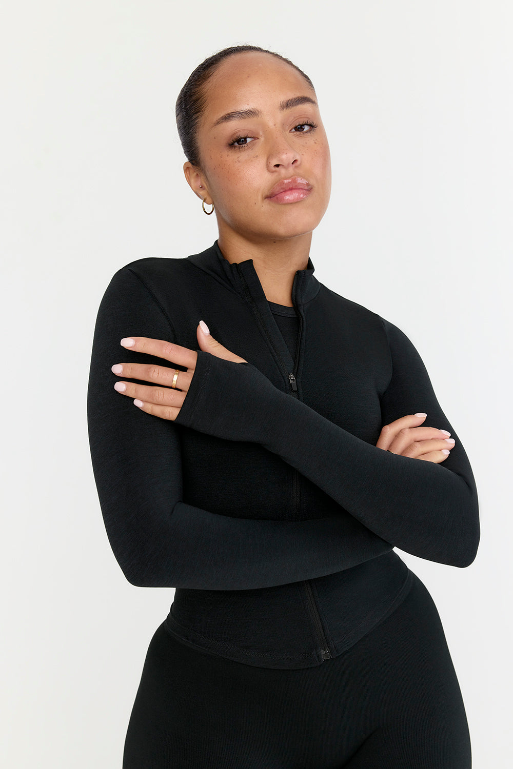 SCULPT SEAMLESS RIBBED ZIP THROUGH JACKET- BLACK MARL