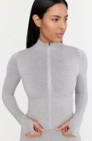 SCULPT SEAMLESS RIBBED ZIP THROUGH JACKET- LIGHT GREY MARL