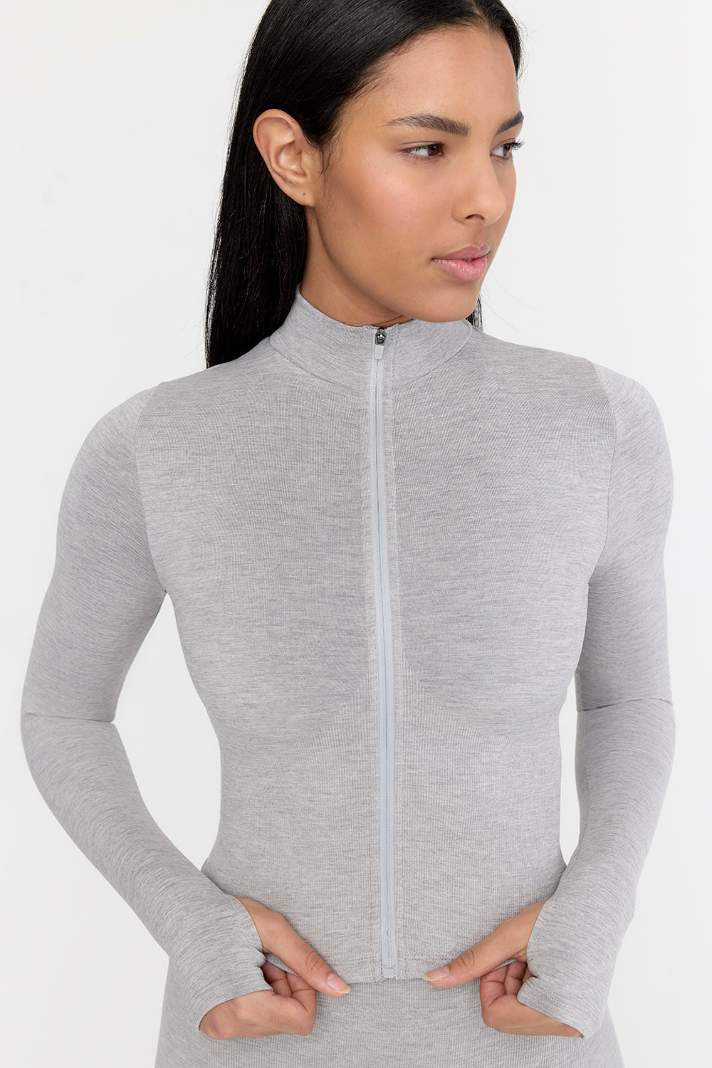 SCULPT SEAMLESS RIBBED ZIP THROUGH JACKET- LIGHT GREY MARL