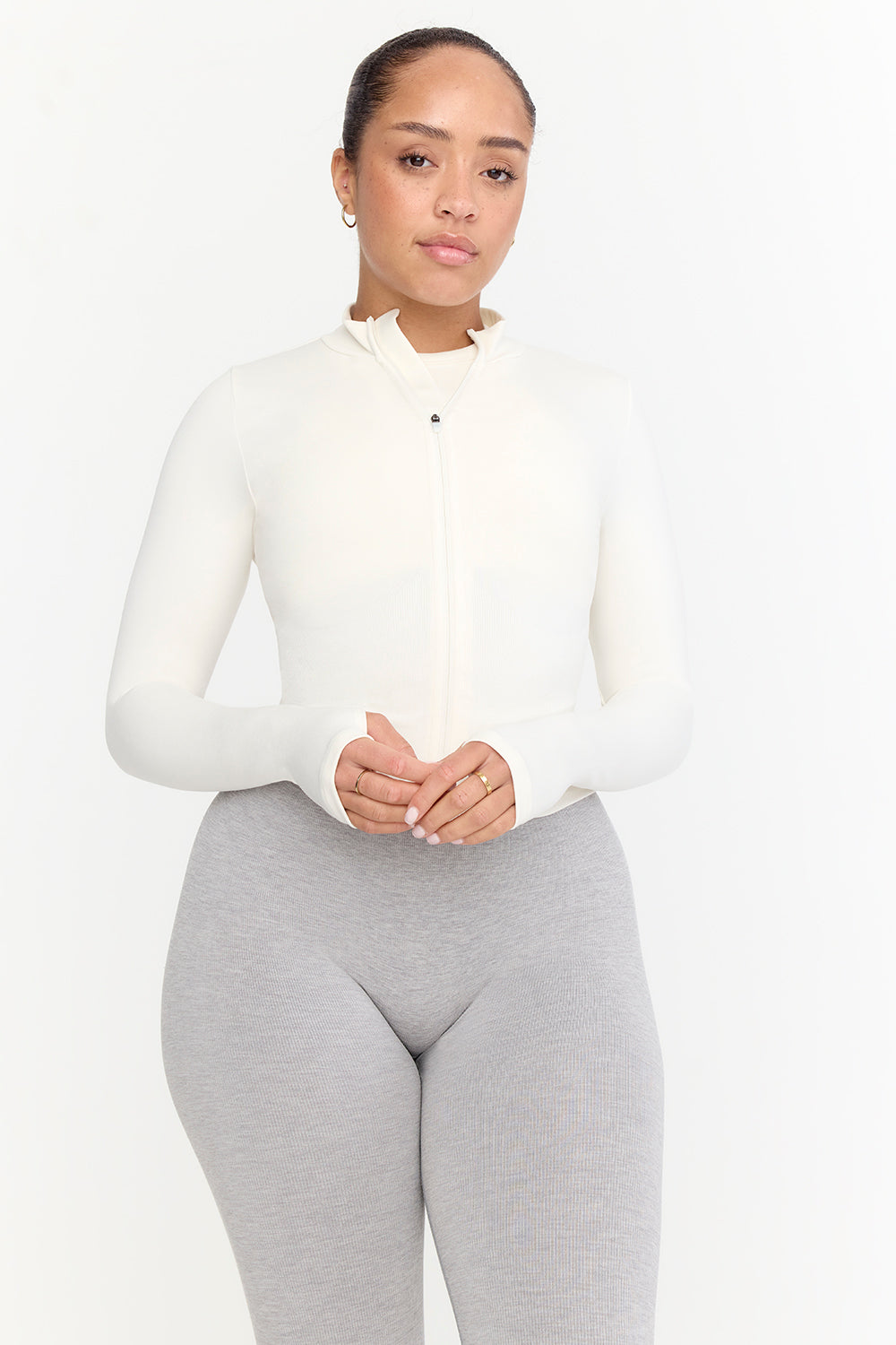 SCULPT SEAMLESS RIBBED ZIP THROUGH JACKET- MILK MARL