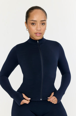 SCULPT SEAMLESS RIBBED ZIP THROUGH JACKET- NAVY MARL