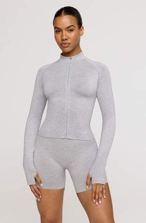 SCULPT SEAMLESS MOCK NECK ZIP THROUGH JACKET- LIGHT GREY MARL