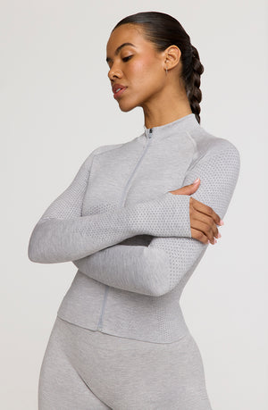 SCULPT SEAMLESS MOCK NECK ZIP THROUGH JACKET- LIGHT GREY MARL