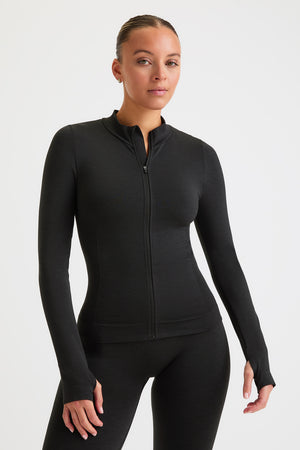 SCULPT SEAMLESS ZIP THROUGH LONGLINE JACKET - BLACK MARL