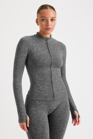 SCULPT SEAMLESS ZIP THROUGH LONGLINE JACKET - CHARCOAL MARL