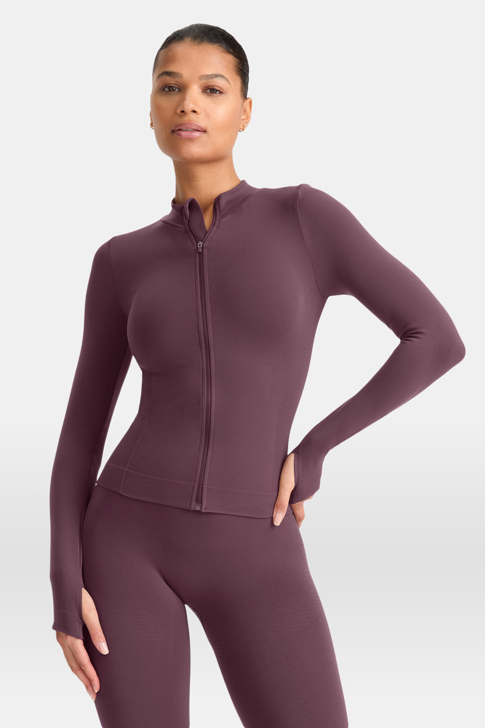 SCULPT SEAMLESS ZIP THROUGH LONGLINE JACKET - PLUM MARL