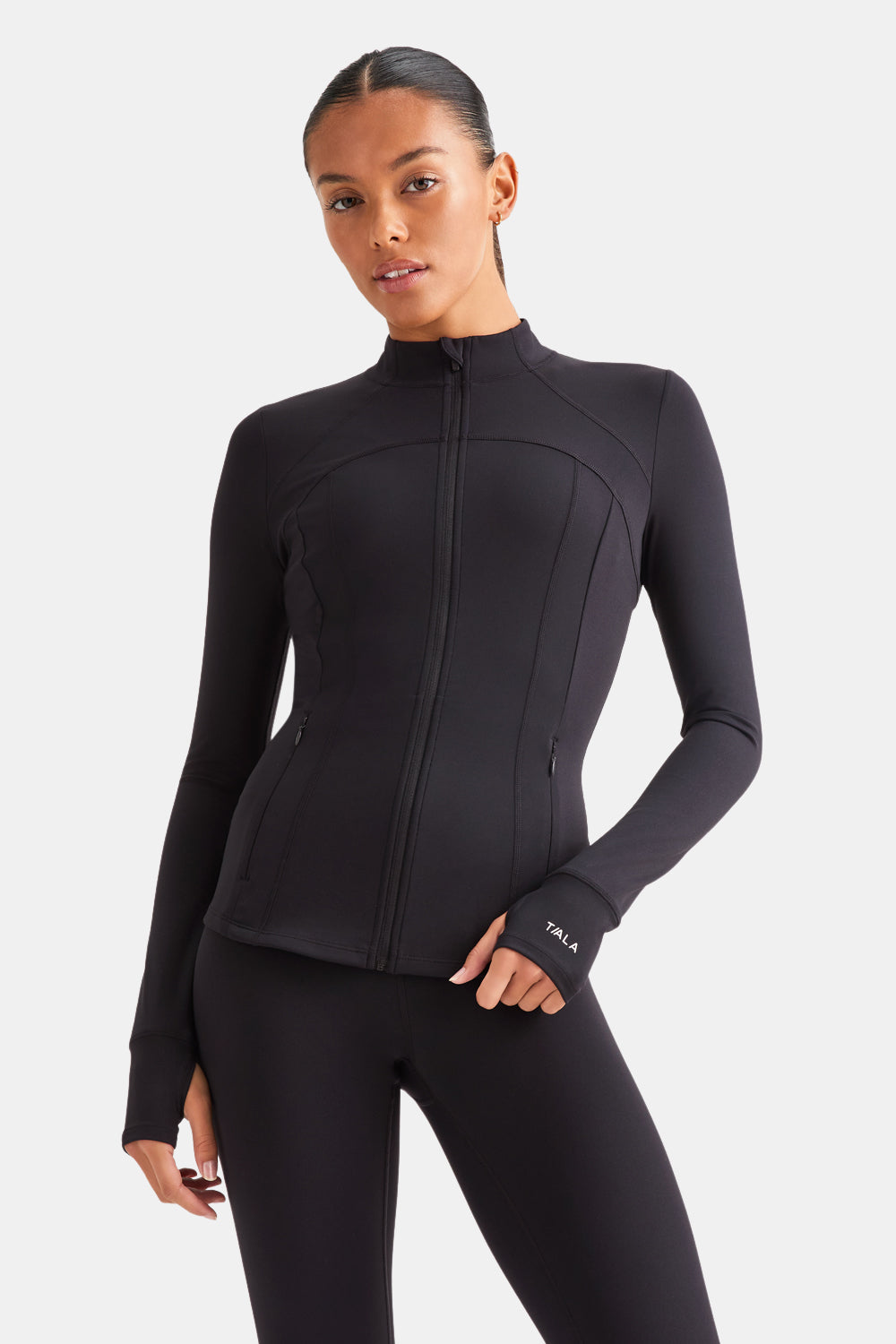 SKINLUXE ZIP THROUGH FULL LENGTH RUNNING TOP - SHADOW BLACK