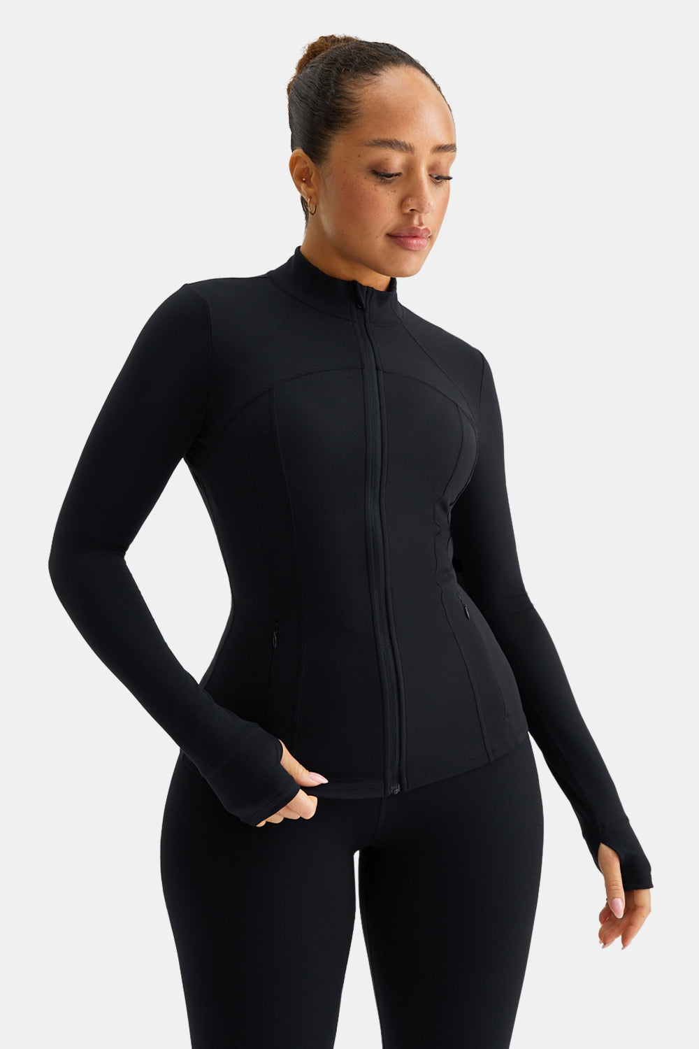 SKINLUXE ZIP THROUGH FULL LENGTH RUNNING TOP - SHADOW BLACK