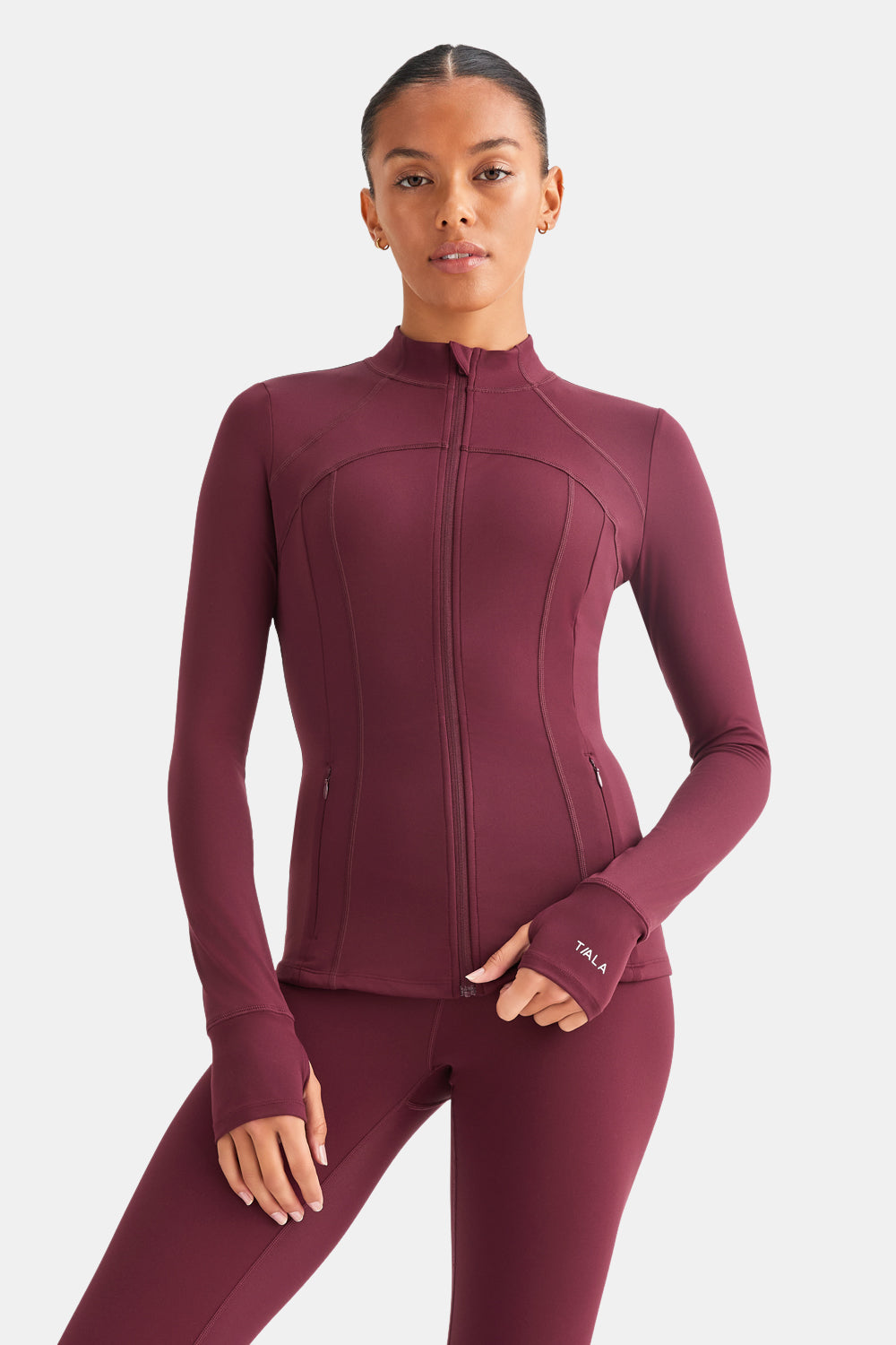 SKINLUXE ZIP THROUGH FULL LENGTH RUNNING TOP - BURGUNDY