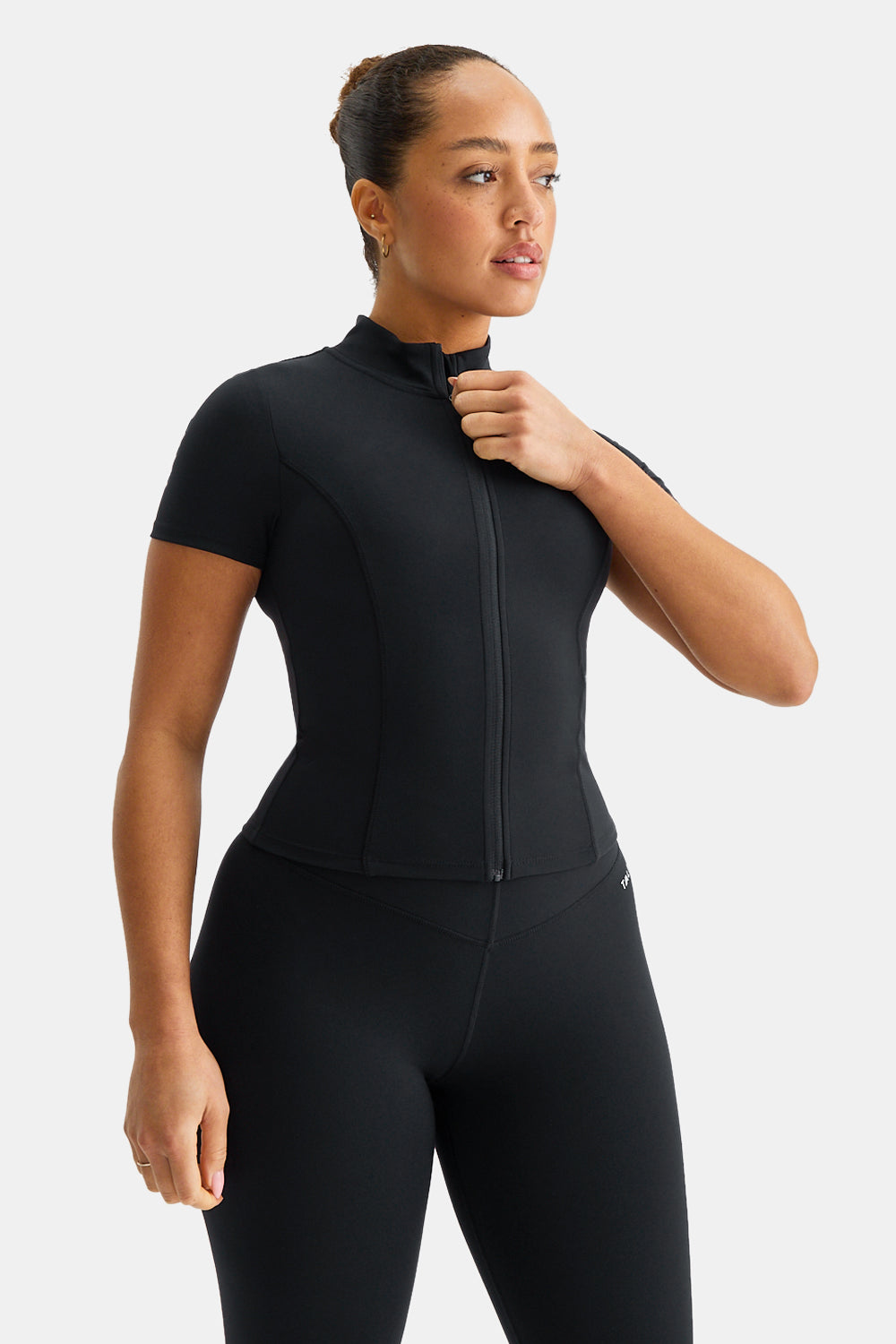 SKINLUXE SHORT SLEEVE ZIP THROUGH RUNNING TOP - SHADOW BLACK