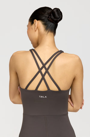 SKINLUXE BUILT-IN SUPPORT STRAPPY BACK UNITARD - SLATE BROWN