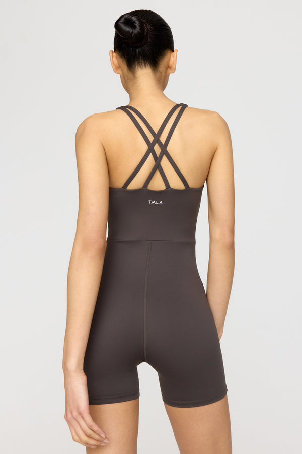 SKINLUXE BUILT-IN SUPPORT STRAPPY BACK UNITARD - SLATE BROWN