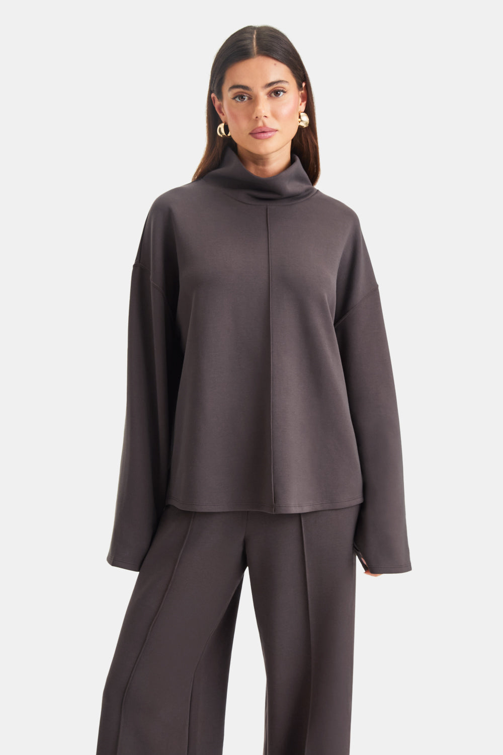 SOFTSMART FUNNEL NECK SWEATSHIRT - COCOA