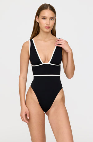 CAP-FERRAT CONTRAST TRIM PLUNGE NECK SHAPING SWIMSUIT - SHADOW BLACK